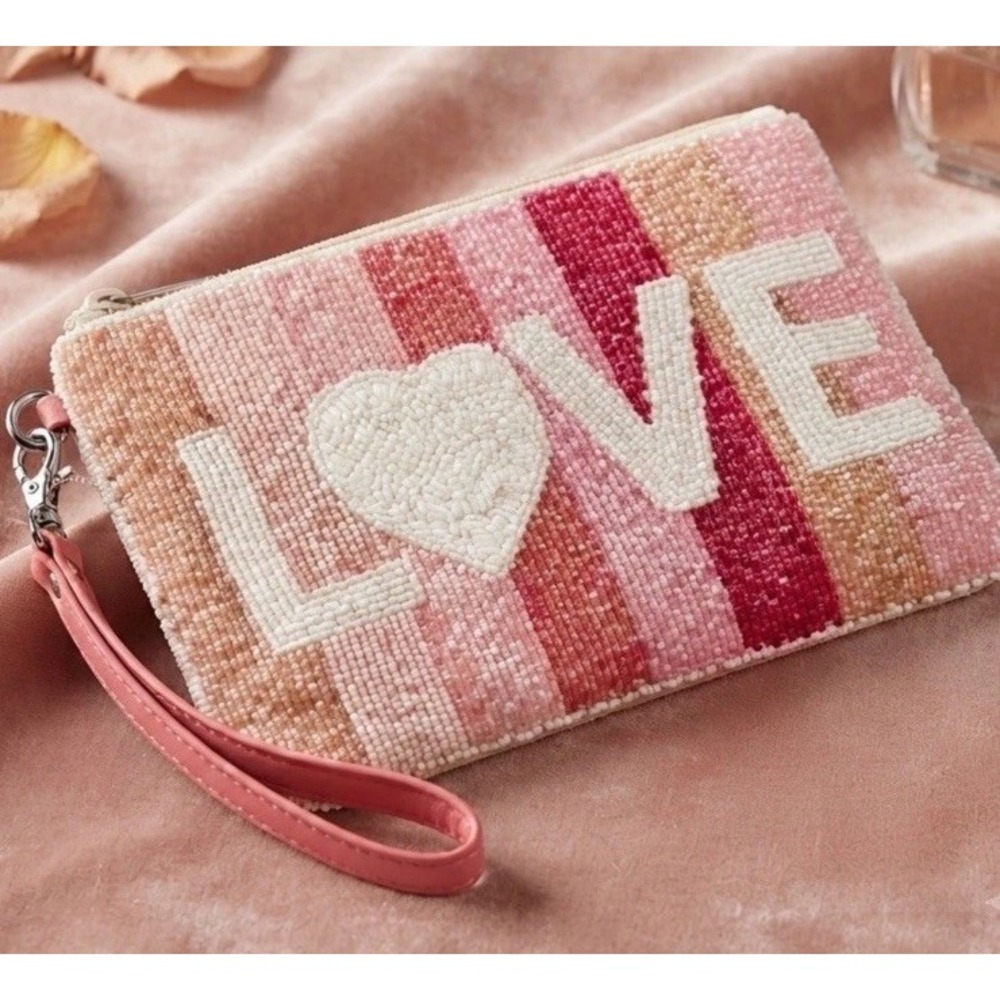 New House Of Harlow 1960 Pink LOVE Striped Beaded Pouch Clutch Wristlet Bag 6x9